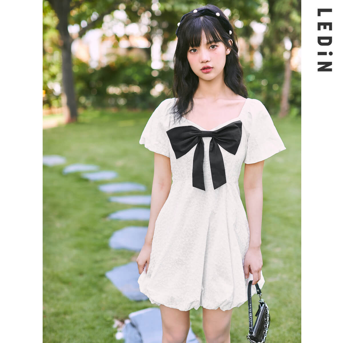 氣質水冰月連衣裙2024新款春蝴蝶結連衣裙方領茶歇裙