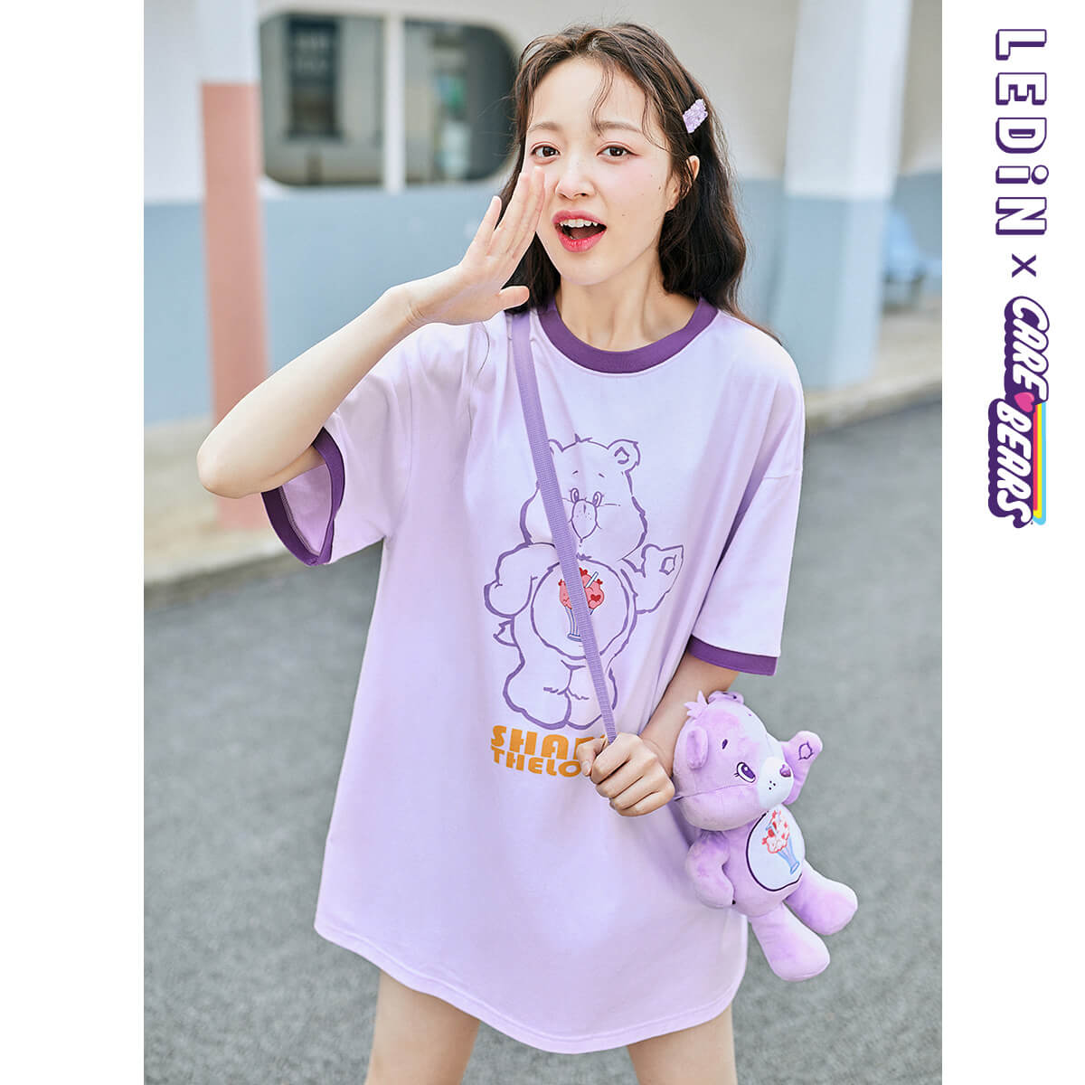 【愛心熊聯名】樂町可愛連衣裙2024早春少女心俏皮印花T卹連衣裙